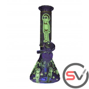 RICK AND MORTY FISHNETS GLASS BEAKER WATER PIPE with ICE CATCHER 8inch (GLOW IN THE DARK)